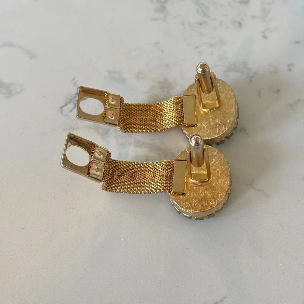 Vintage Gold Tone Mesh Cufflinks Spring Green Rhinestone Mens Jewelry